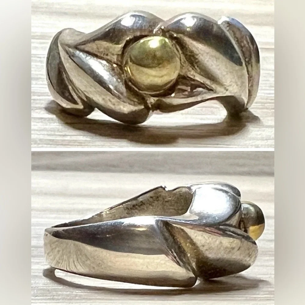 Vintage Designer Signed Sterling Silver & Yellow Gold Band Ring, Size 4.5, 10.6g